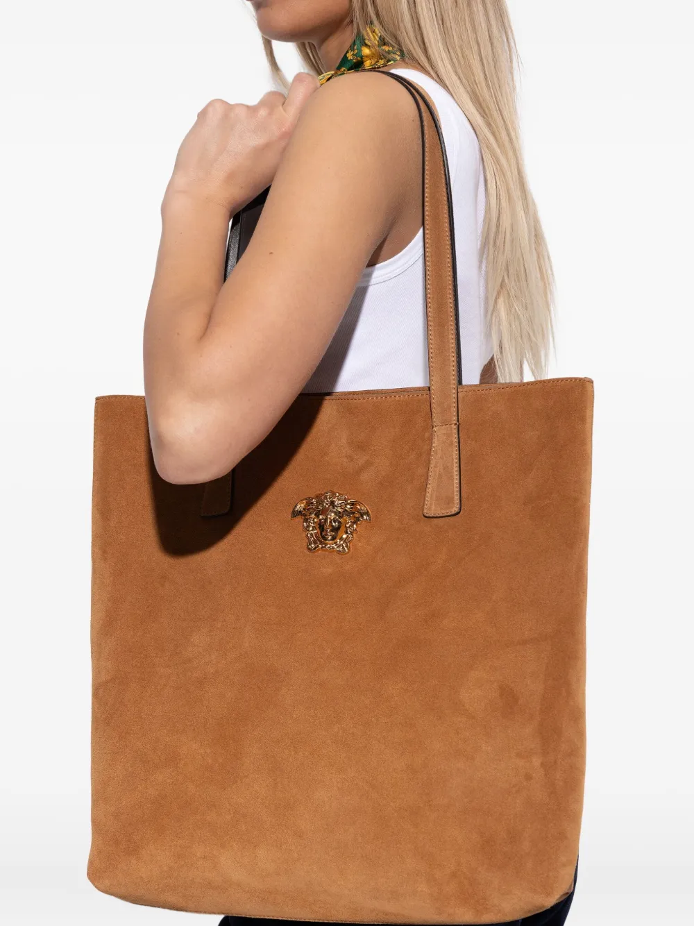 Versace La Medusa Suede Tote Bag In Brown