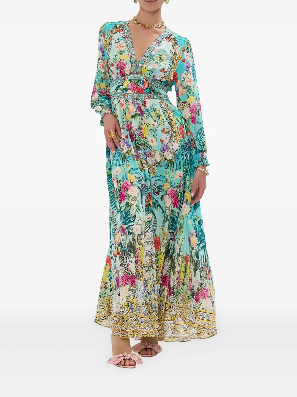 Camilla Maxi-jurk met bloemenprint en kristallen Blauw