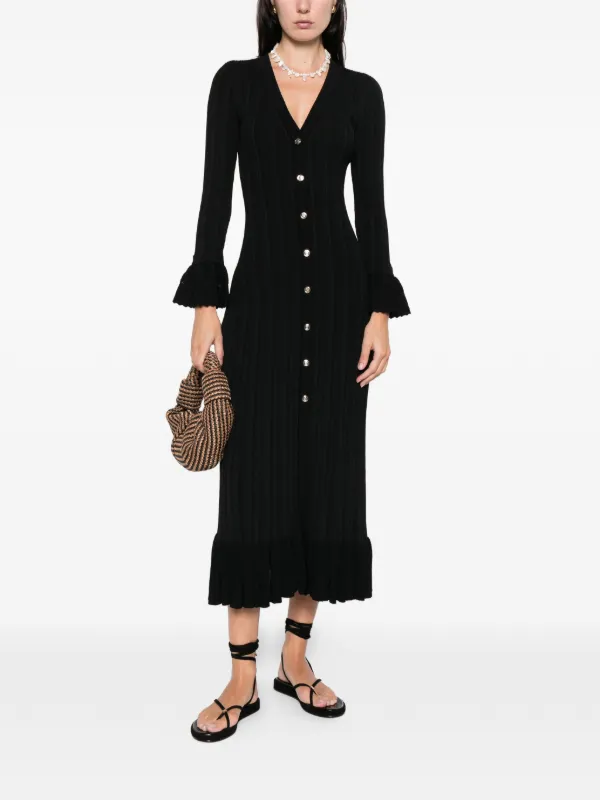 Sandro Midi Knit Dress With Ruffled Cuffs And Hem - Black