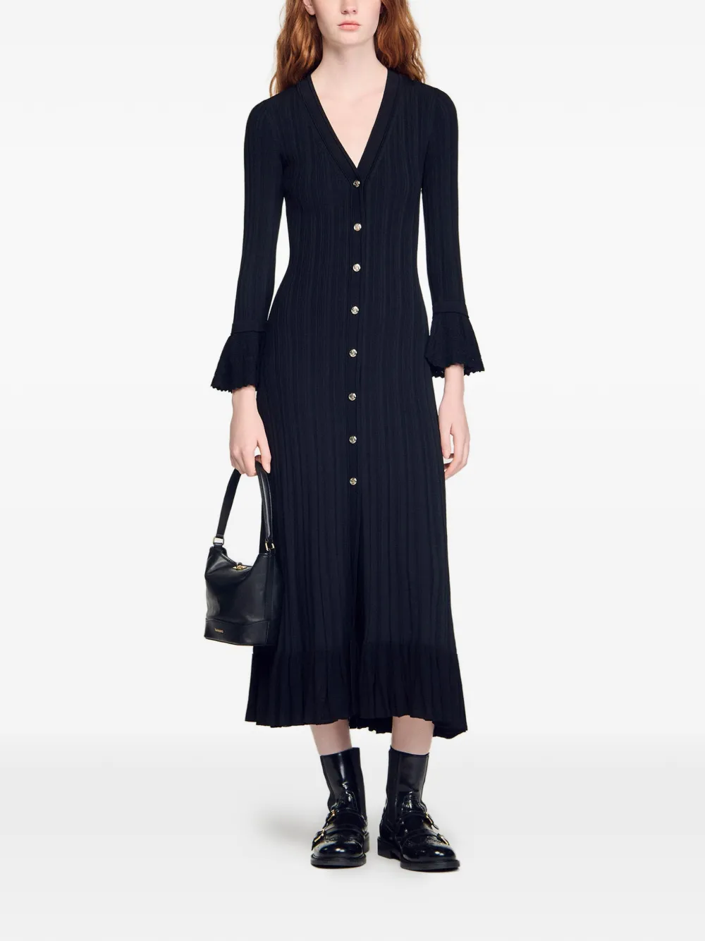 SANDRO Knit Maxi Dress With Ruffle | Black | FARFETCH CA