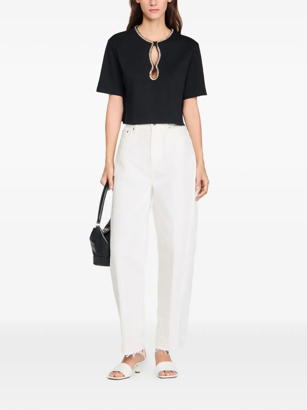SANDRO Rhinestone Cropped T-shirt | Black | FARFETCH CA