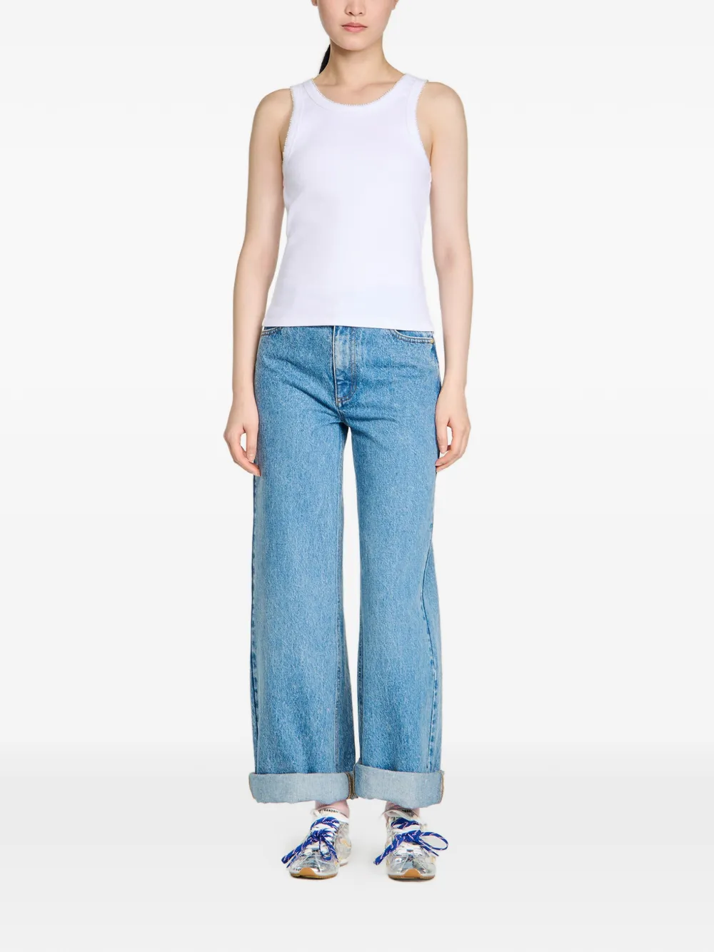  Sandro Ribbed Beaded Top - White 