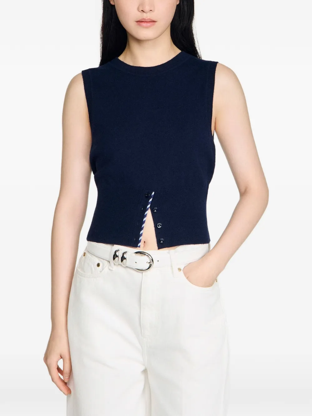 SANDRO ストライプ クロップド ニットトップ | ブルー | FARFETCH JP