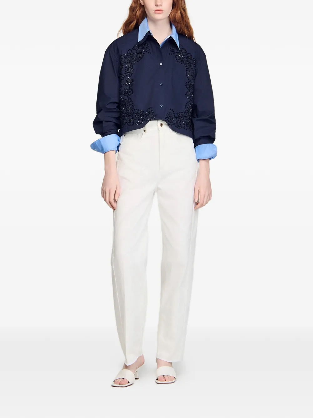  Sandro Camisa Con Bordado Floral - Azul 