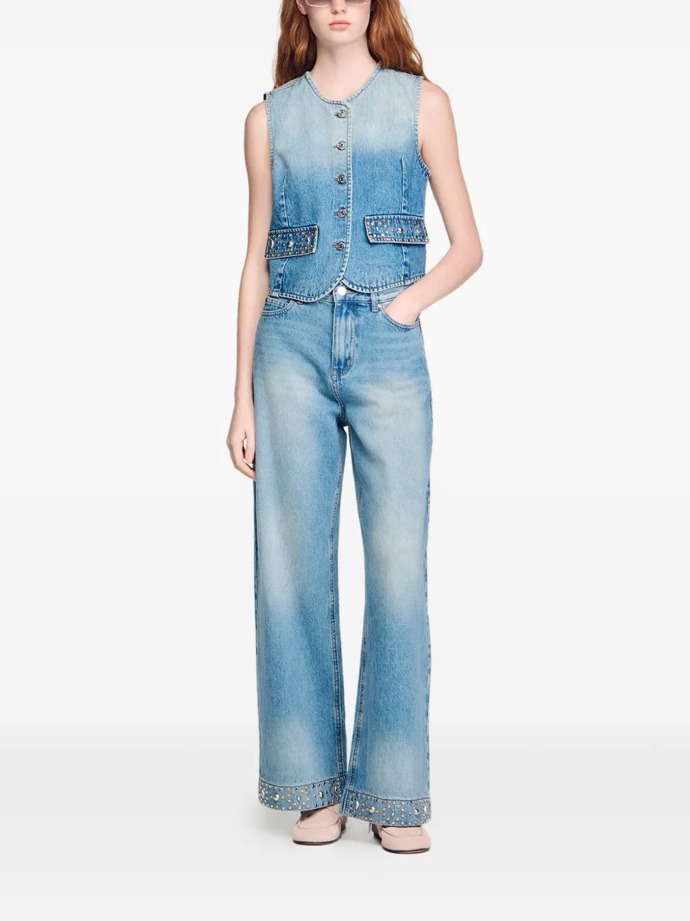  Sandro Vaqueros Rectos Con Apliques De Strass - Azul 