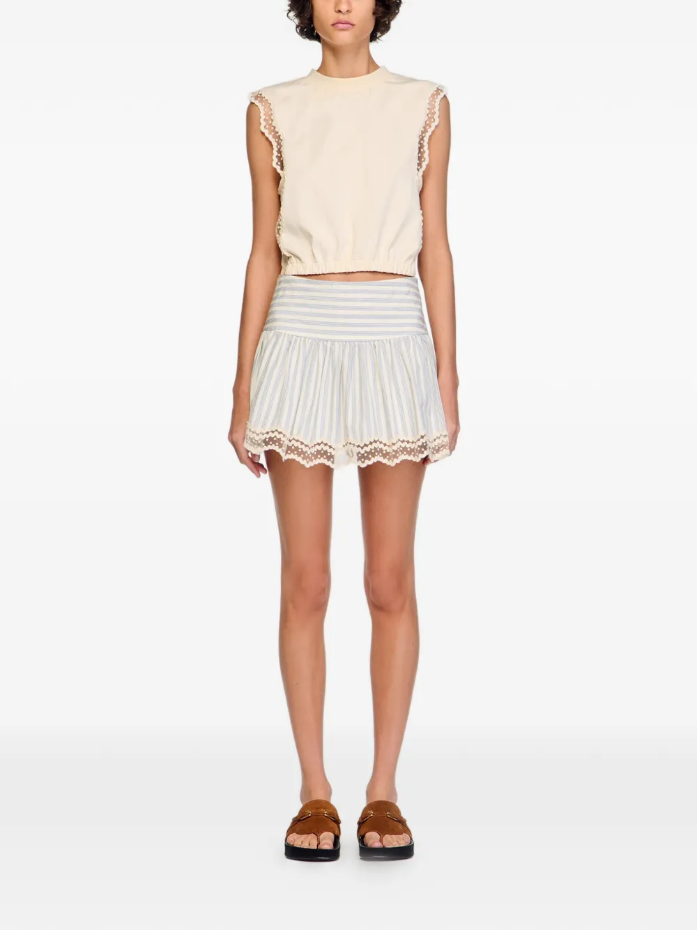 SANDRO Top met ronde hals en kanten afwerking Beige