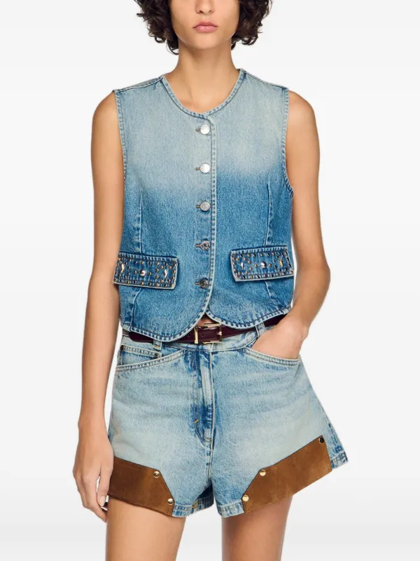SANDRO Cropped Studded Denim Vest | Blue | FARFETCH CA