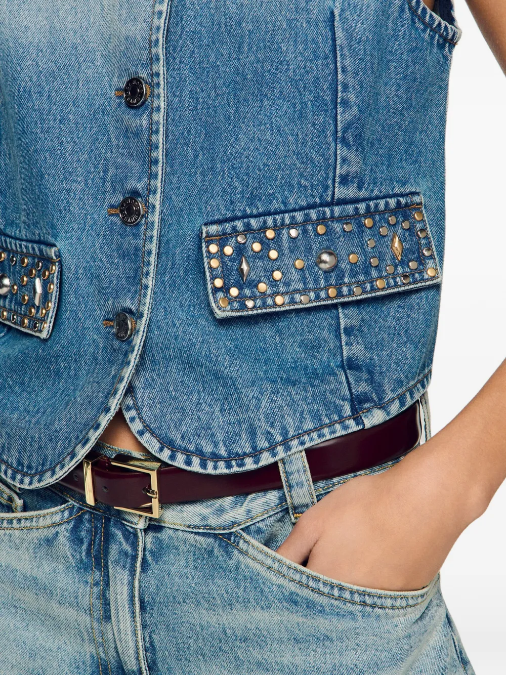 SANDRO Cropped Studded Denim Vest | Blue | FARFETCH CA
