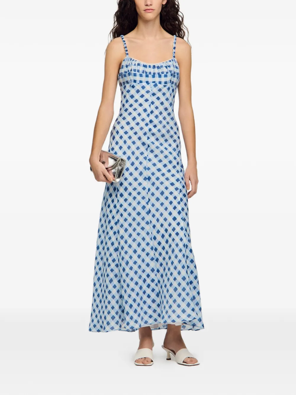  Sandro Vestido Largo A Cuadros Gingham - Azul 