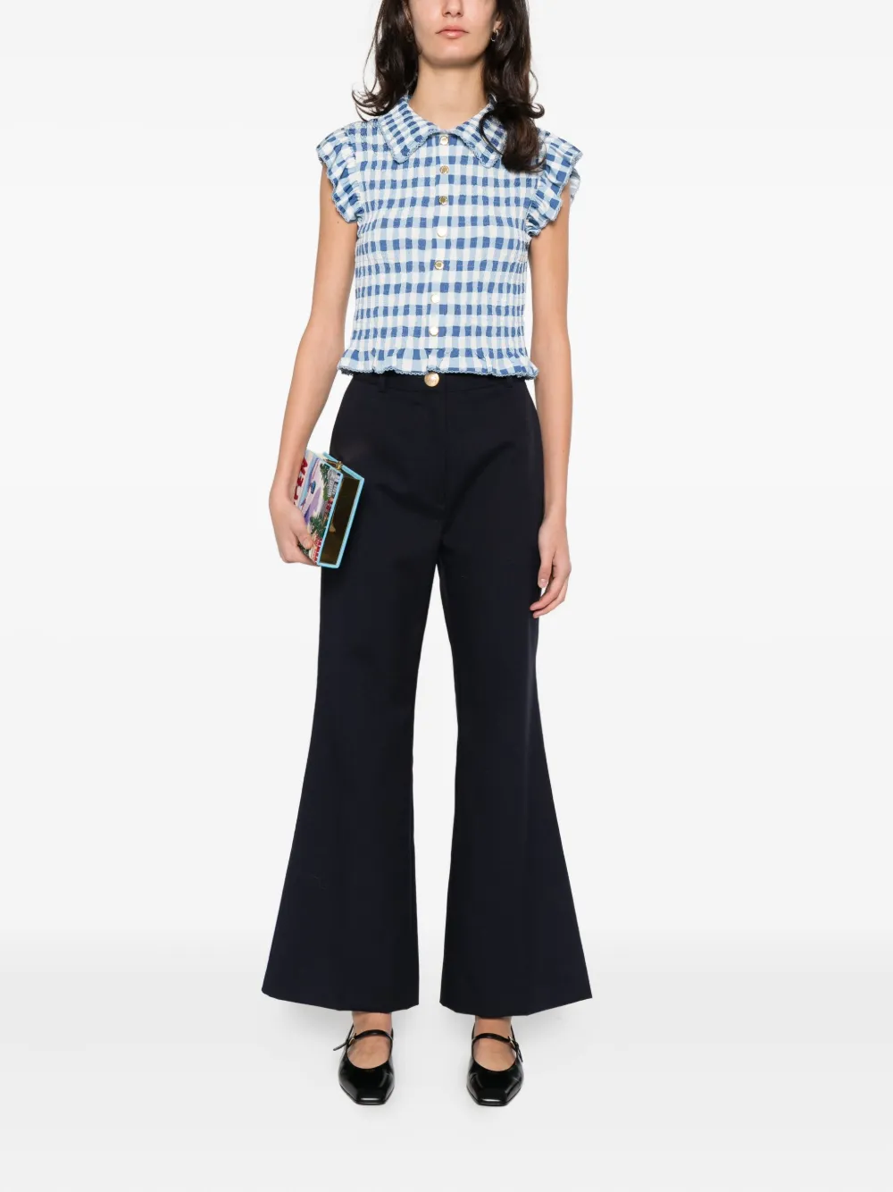  Sandro Ruffled Gingham Shirt - Blue 