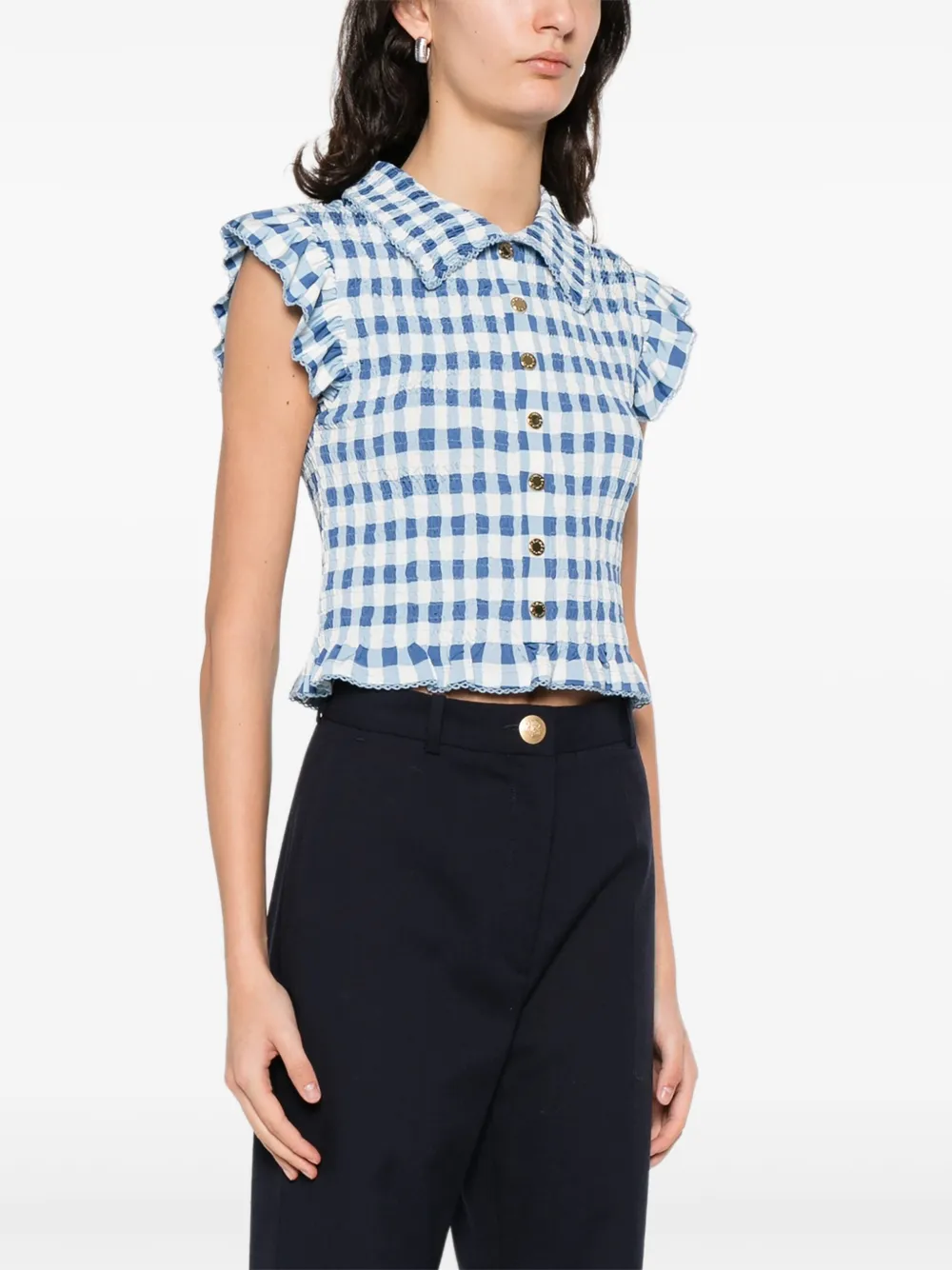  Sandro Ruffled Gingham Shirt - Blue 