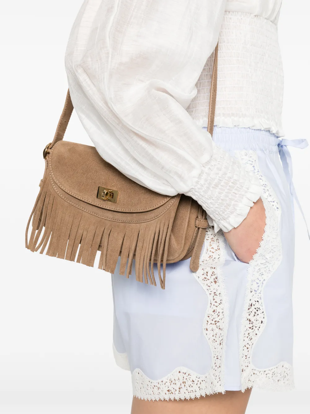 SANDRO Mini crossbodytas met franje Bruin