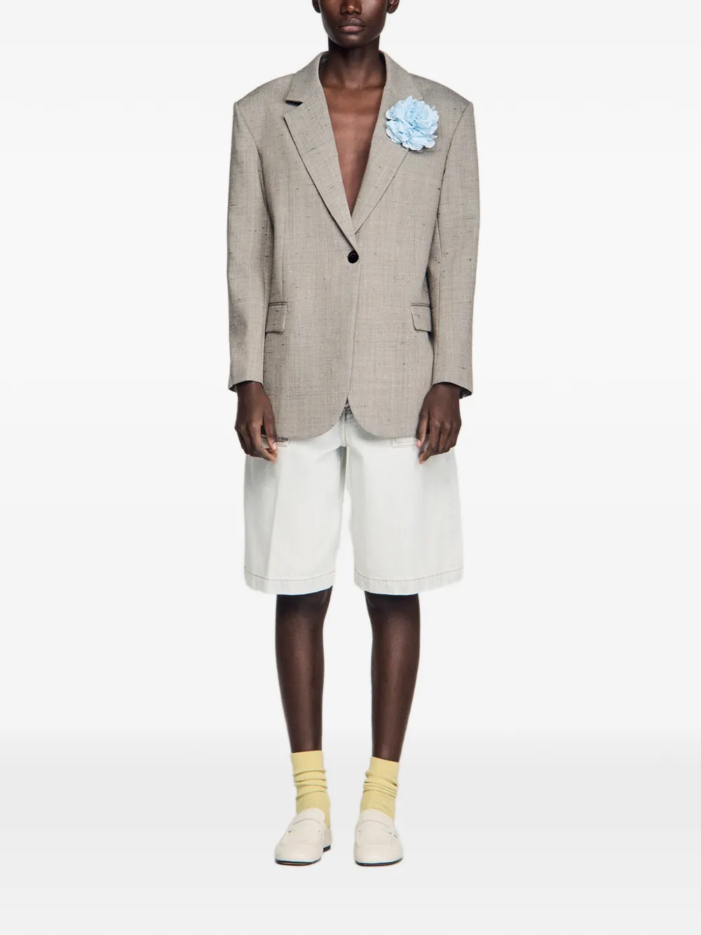  Sandro Flower-brooch Checked Blazer - Grey 