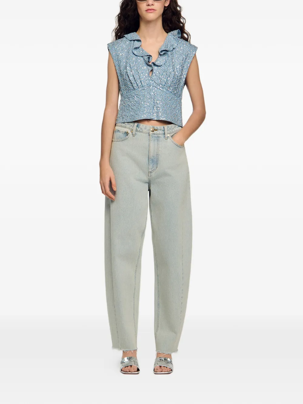  Sandro Top A Rayas Con Volantes - Azul 