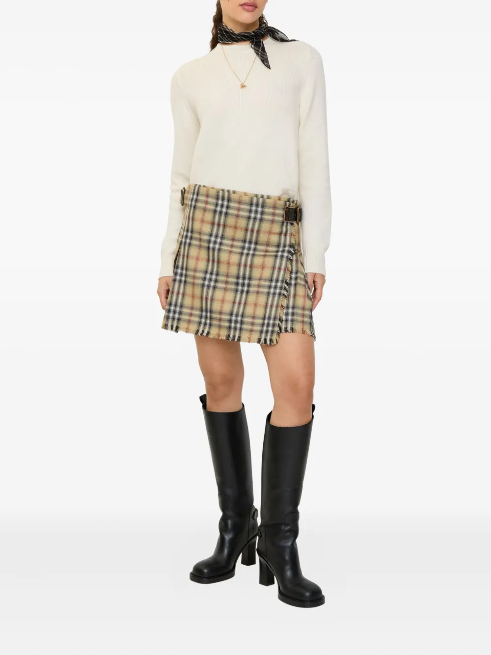 Burberry Geruite mini-kilt met franje - Beige