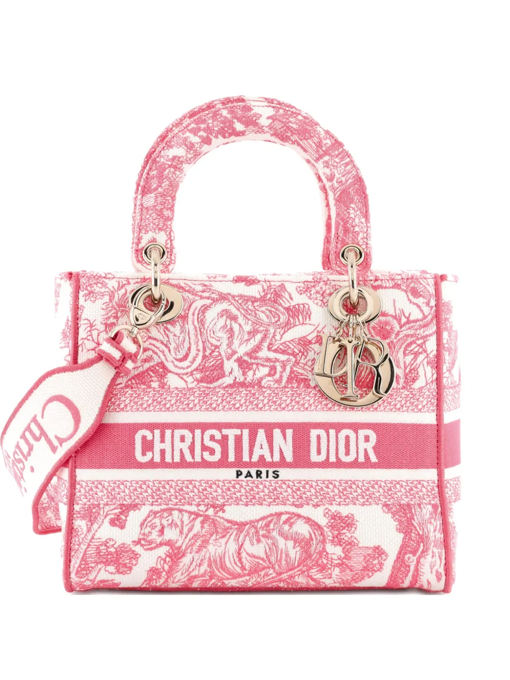 Pre-owned Dior Toile De Jouy Lady D-lite Bag Embroidered Canvas Tote Bag In White