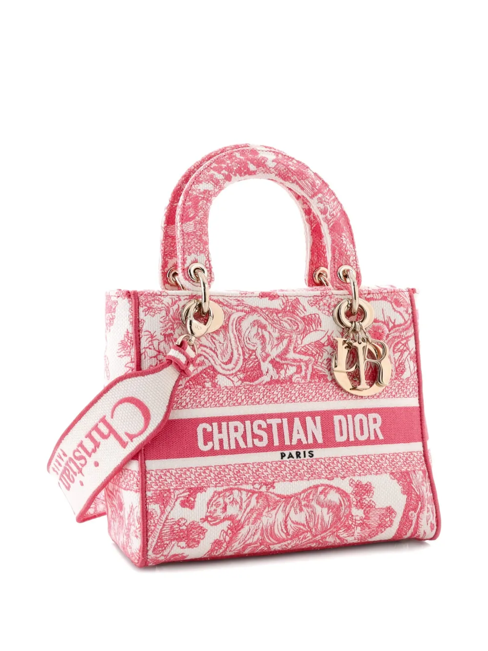 Pre-owned Dior Toile De Jouy Lady D-lite Bag Embroidered Canvas Tote Bag In White