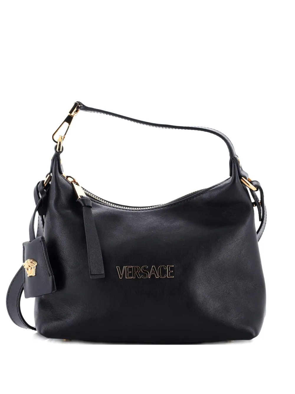 Pre-owned Versace Tag Leather Hobo Bag In Black