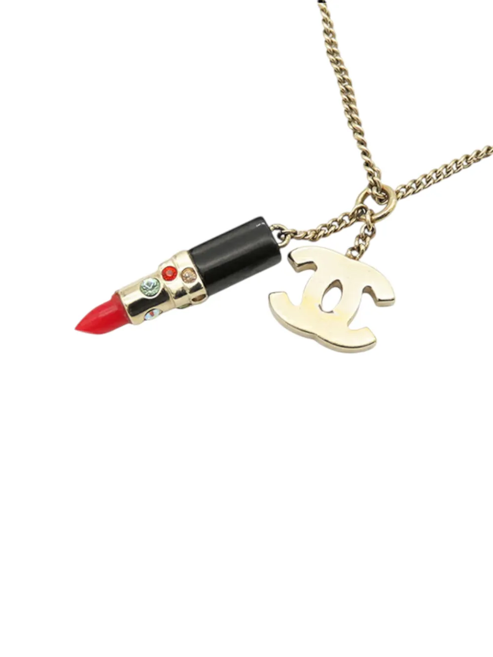Pre-owned Chanel 2004 Gold Plated Cc Lipstick Pendant Necklace Costume Necklace