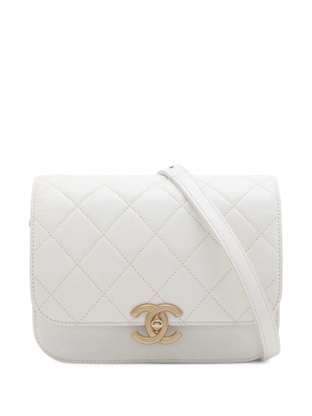 Pre-owned Chanel 2021-2025 Cc Quilted Caviar Flap Crossbody Bag In White