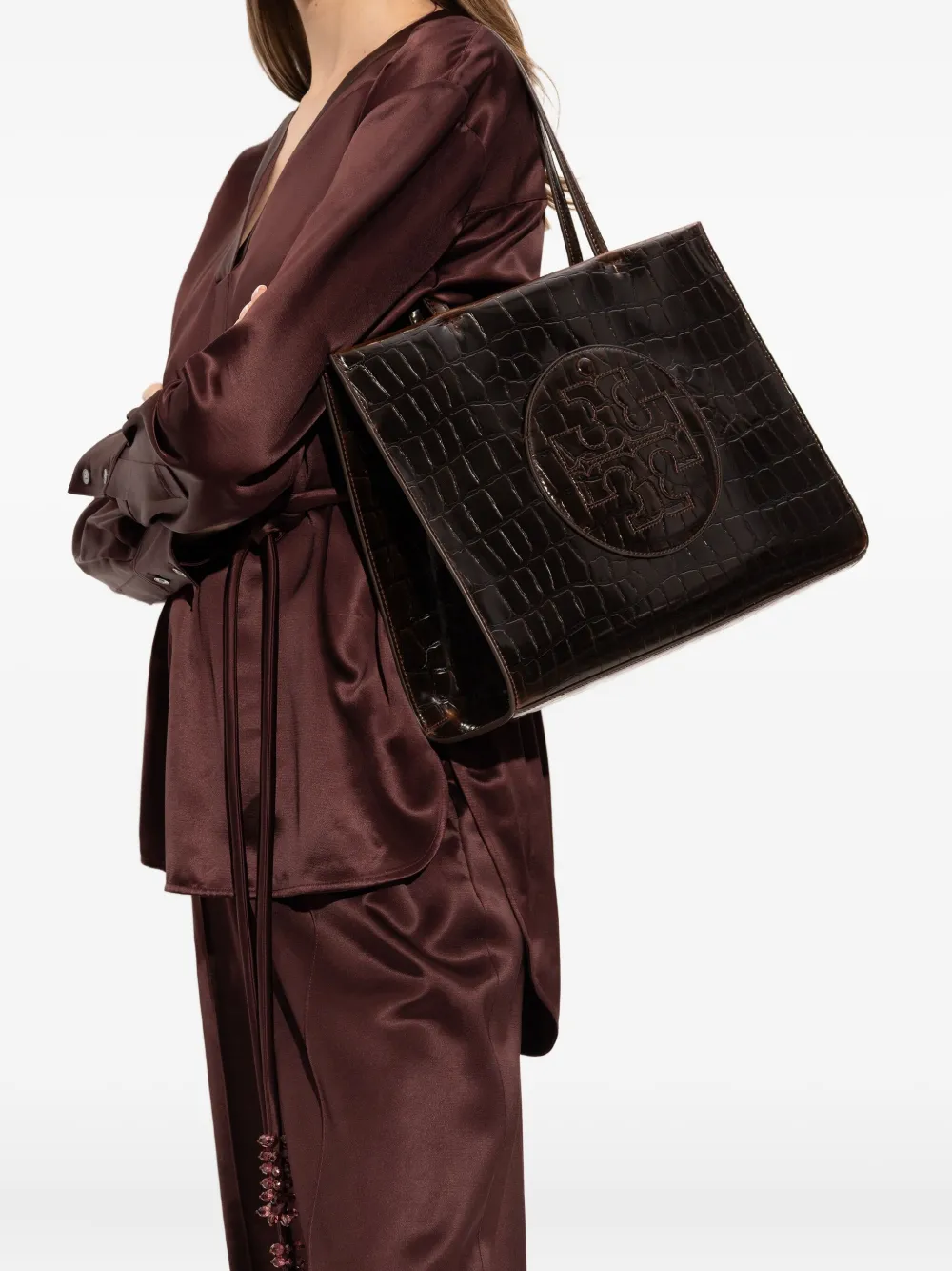 Tory Burch Shopper met krokodillen-reliëf en logo - Bruin