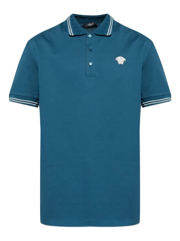 Versace Embroidered Cotton Piqué Polo Shirt in Blue