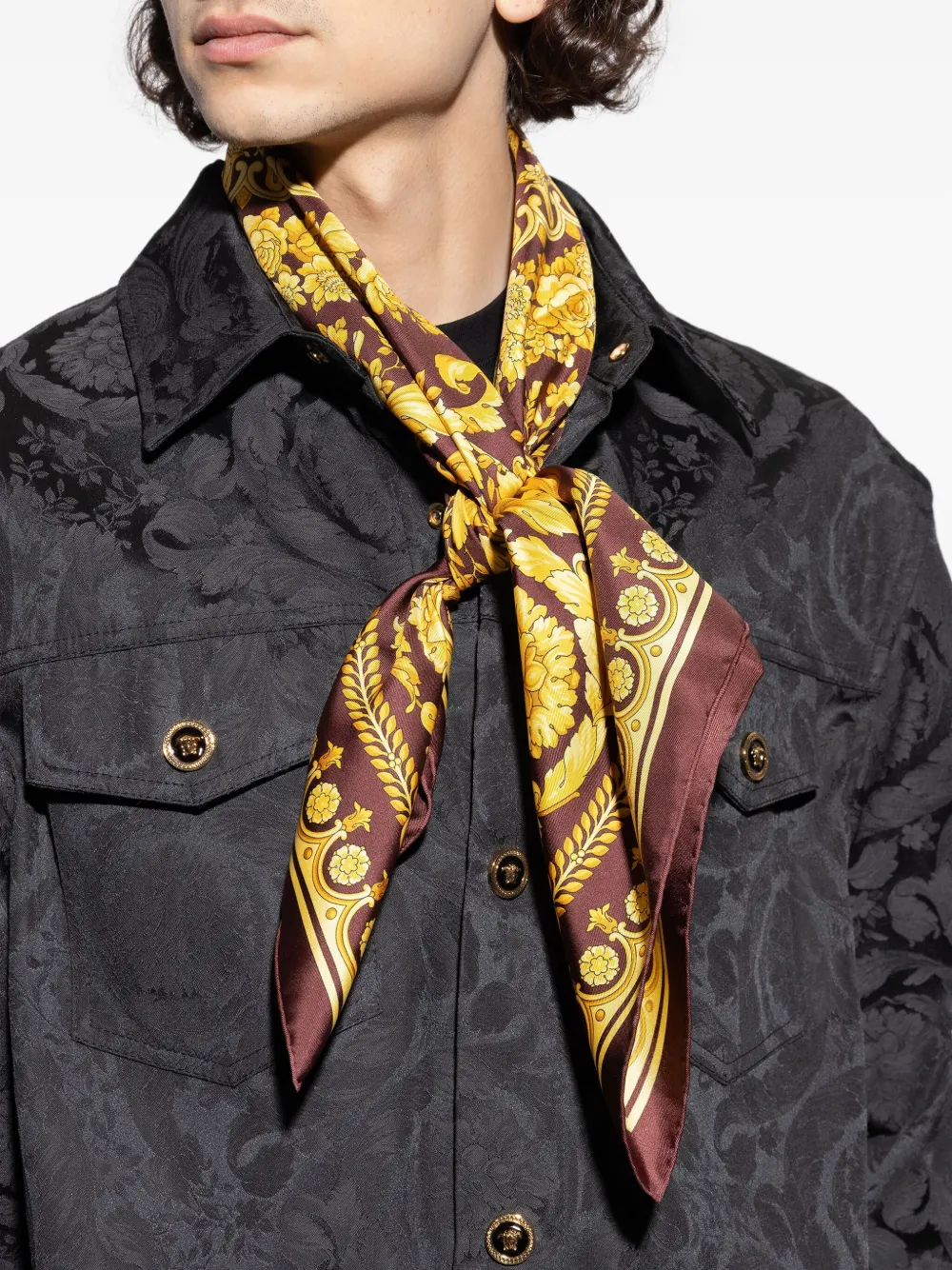 Versace Large Barocco Printed Silk Scarf In Brown