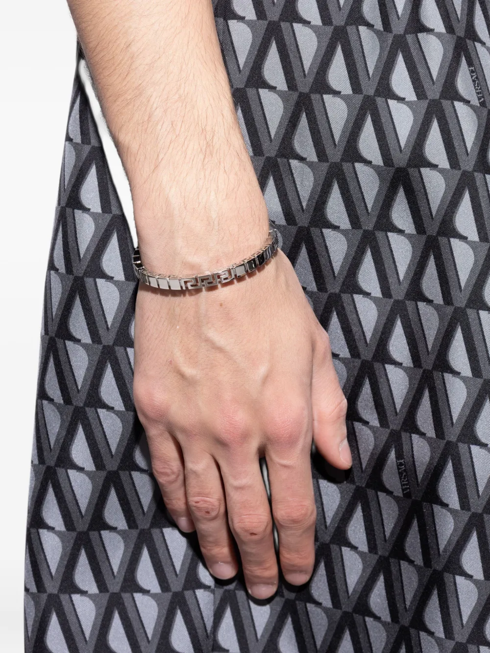 Versace Silver-colored Bracelet With Greek Motif And Logo Lettering Debossed In Brass Man In Silver