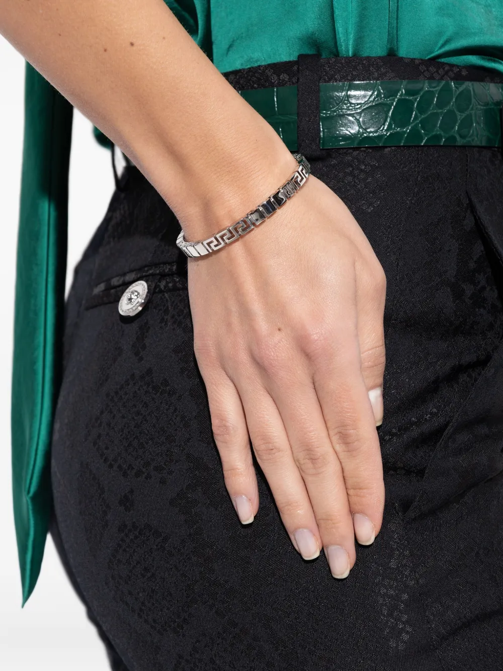 Versace Silver-colored Bracelet With Greek Motif And Logo Lettering Debossed In Brass Man In Silver