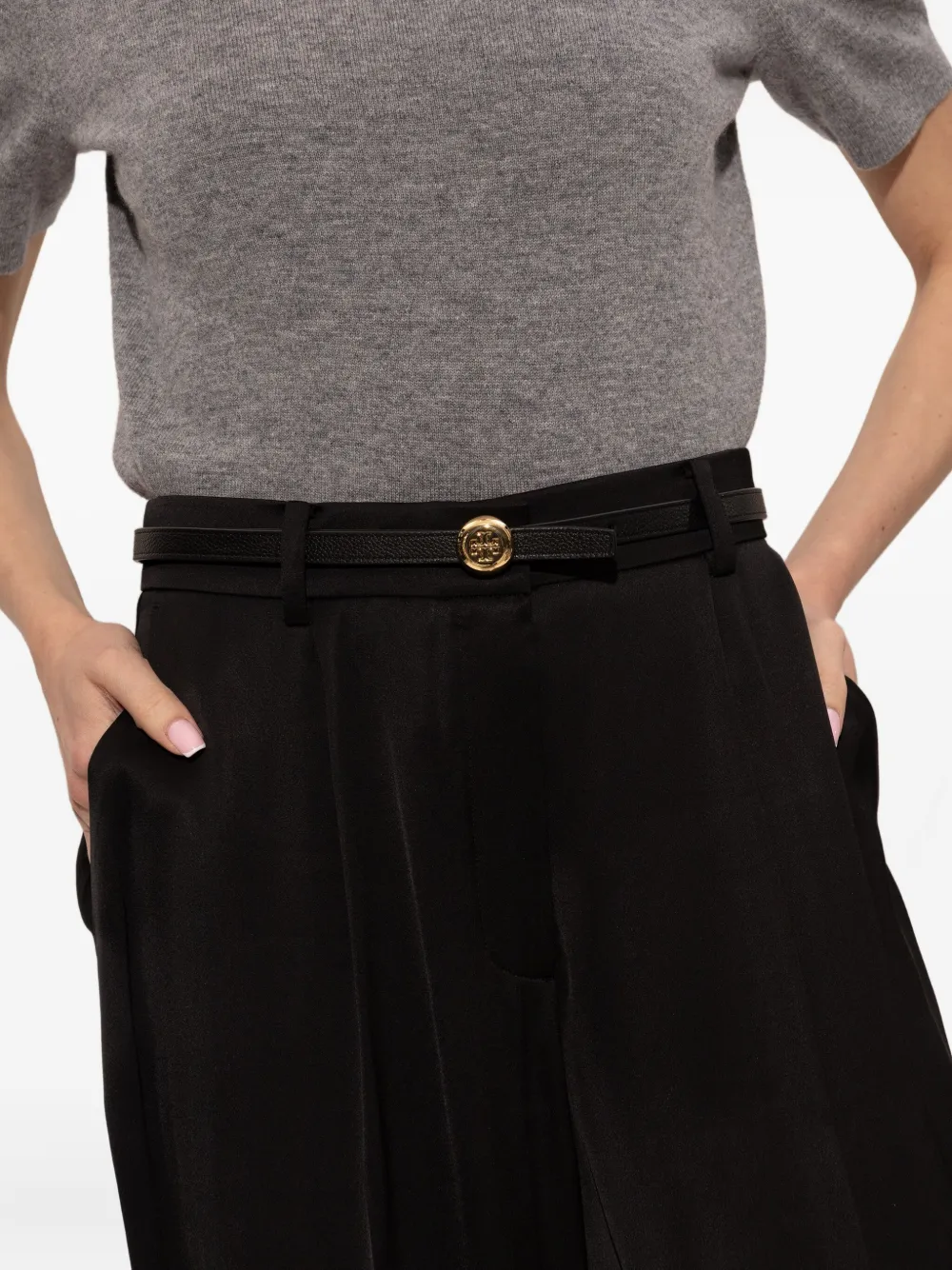 Tory Burch Medallion Double T-motif Leather Belt In Black