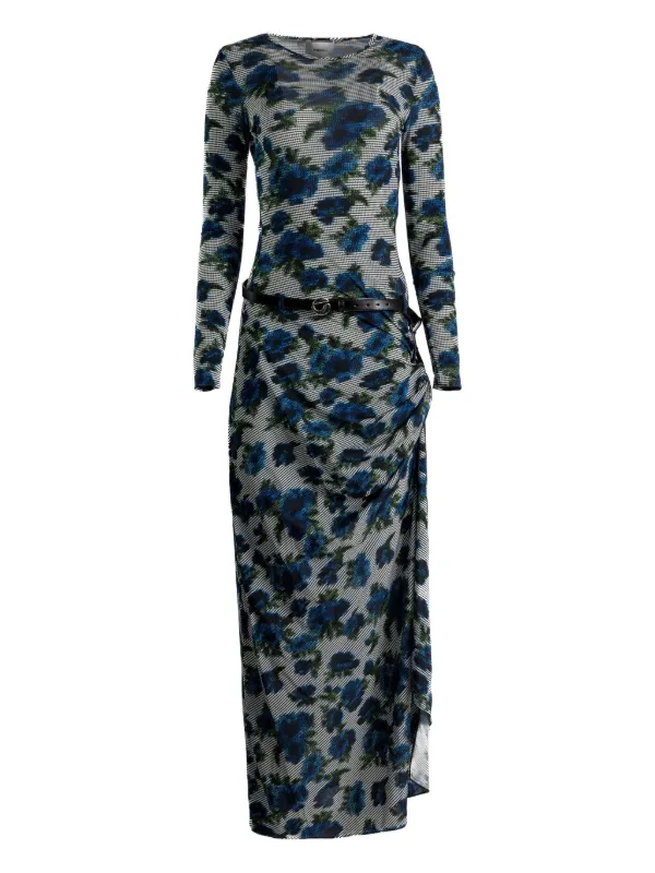 Coperni Floral Belted Midi Dress | Blue | FARFETCH IE