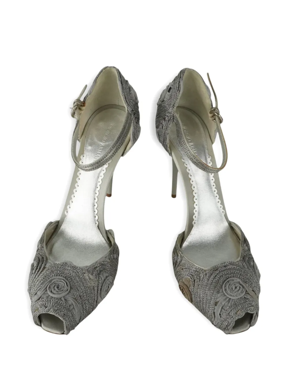 Pre-owned Giorgio Armani 100mm Rose Peep-toe Pumps In Gray