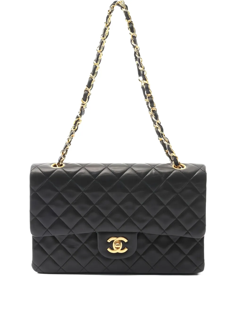 Pre-owned Chanel 1989-1991 Matelassé Double Flap Chain Shoulder Bag In Black
