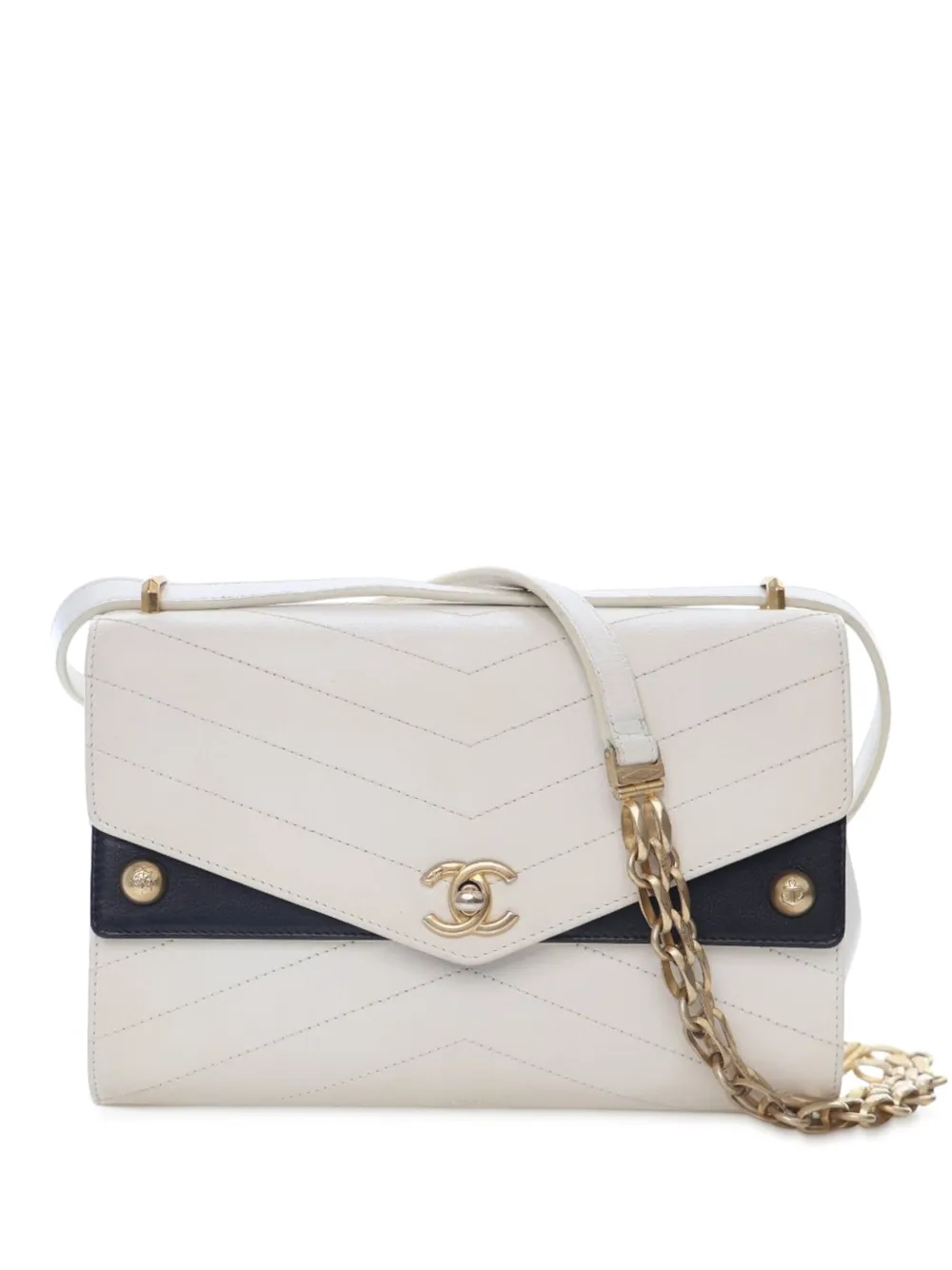 Pre-owned Chanel 2019 Medium Chevron Calfskin Casual Trip Flap Crossbody Bag In White
