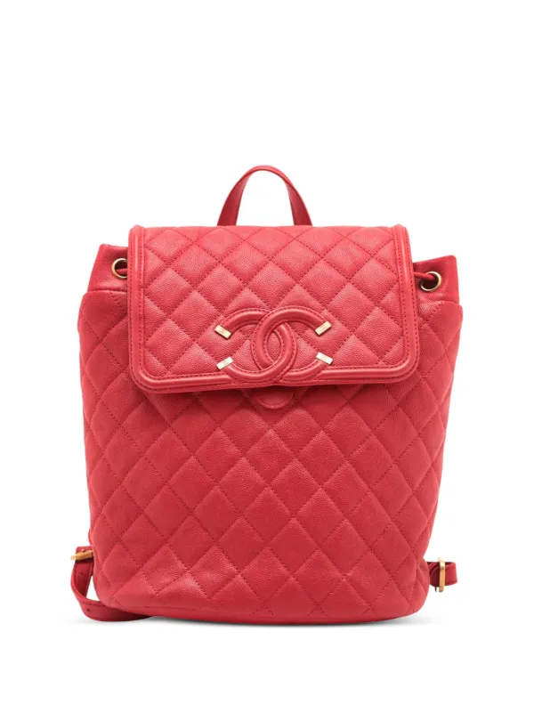 chanel red quilted caviar leather backpack bag CHANEL Pre-Owned 2018 Quilted Caviar CC Filigree Backpack | Red