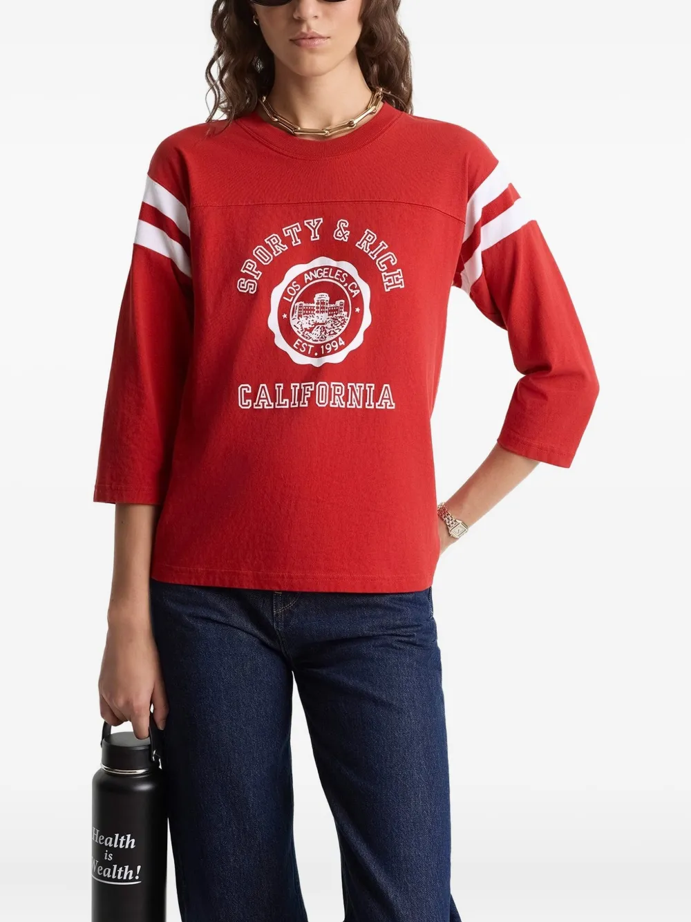 Sporty And Rich Striped Graphic Top In Red