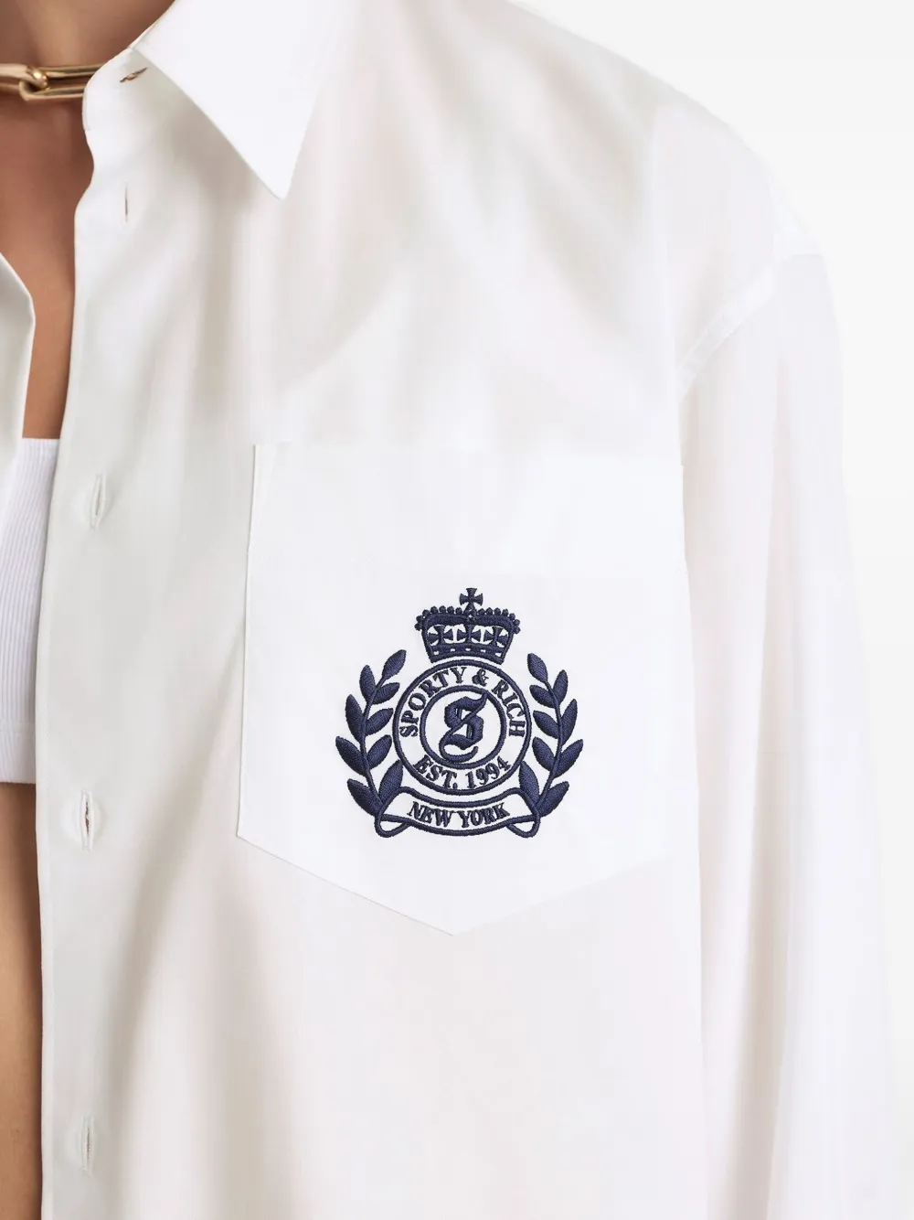 Sporty And Rich Pocket Embroidered Top In White