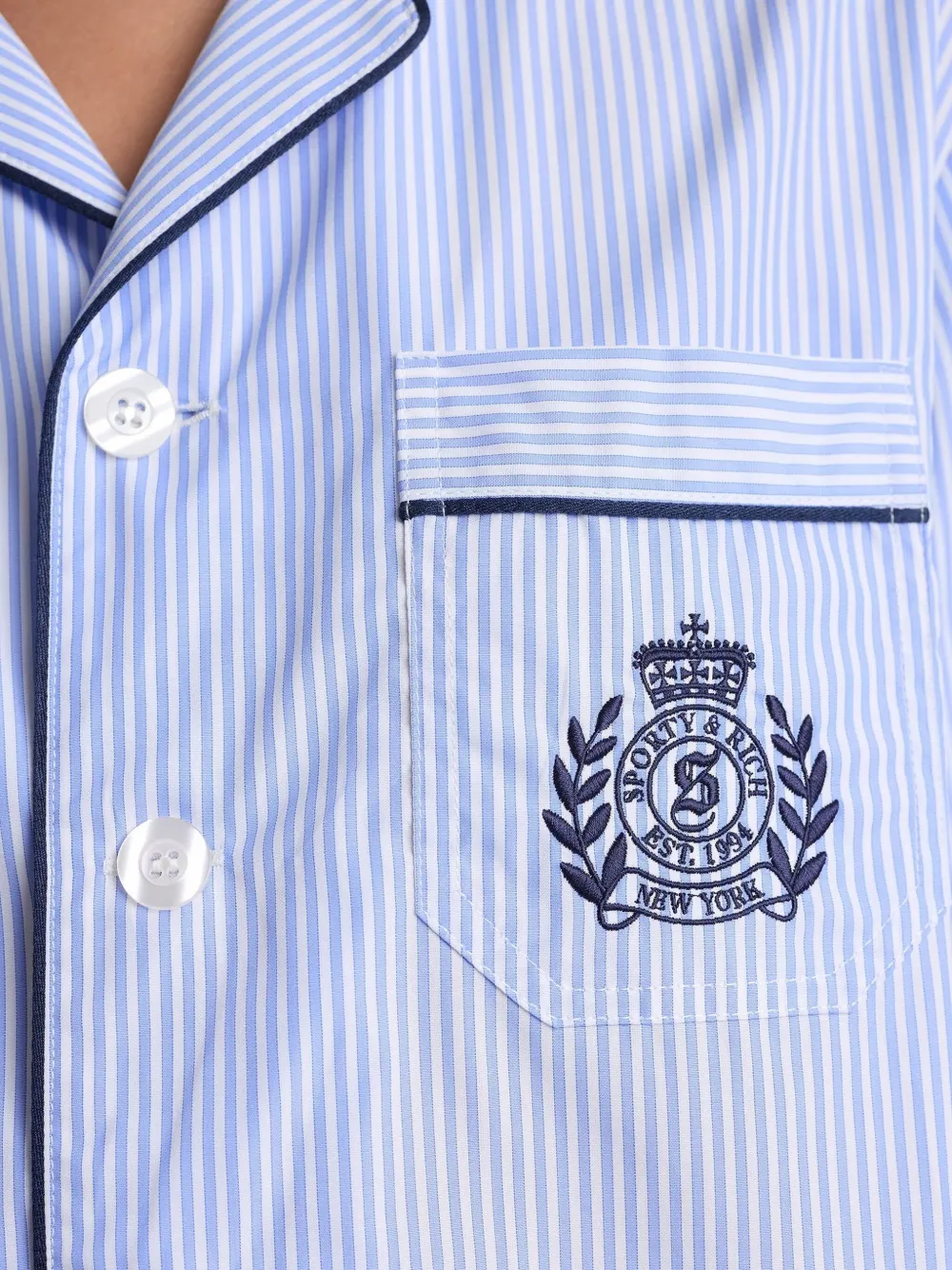 Sporty And Rich Striped Embroidered Top In Blue