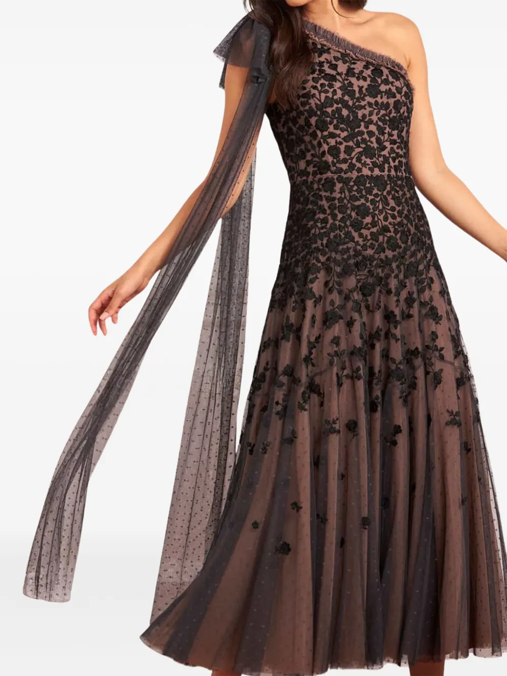 Needle & Thread Sylvia Rose one-shoulder midi dress - Beige