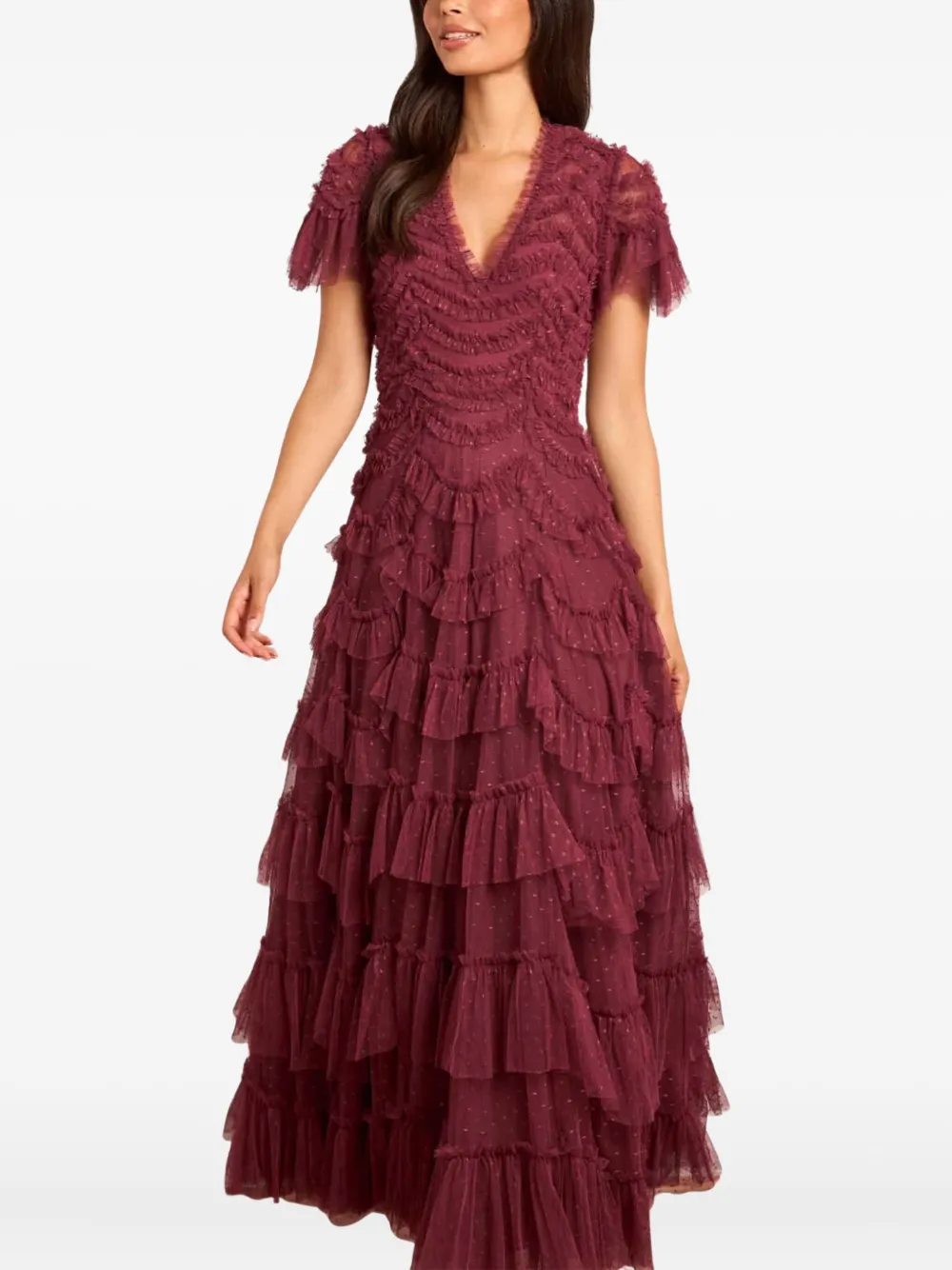 Needle & Thread Aviana Ruffled V-neck Maxi Dress In Red