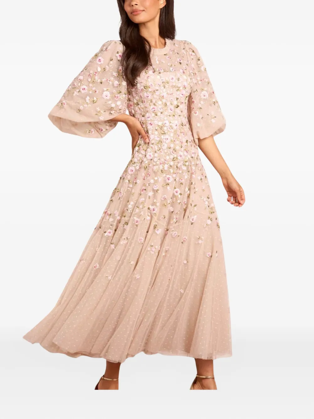 Needle & Thread Sylvia Rose Round Neck Ankle Gown In Pink