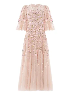 Needle & Thread Scallop Sequin crew-neck Midi Dress | Pink | FARFETCH AZ