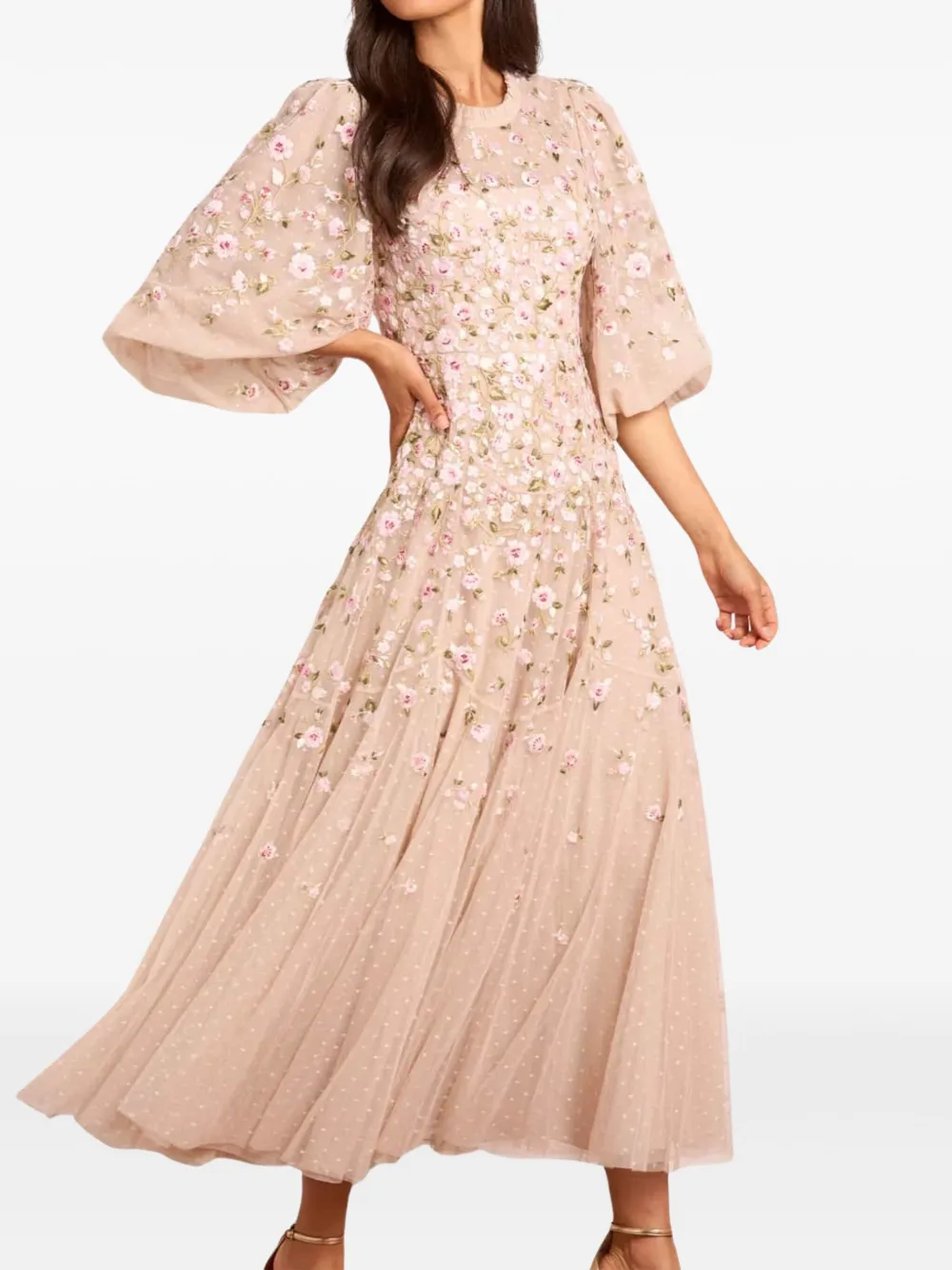 Needle & Thread Sylvia Rose midi-jurk met ronde hals Beige