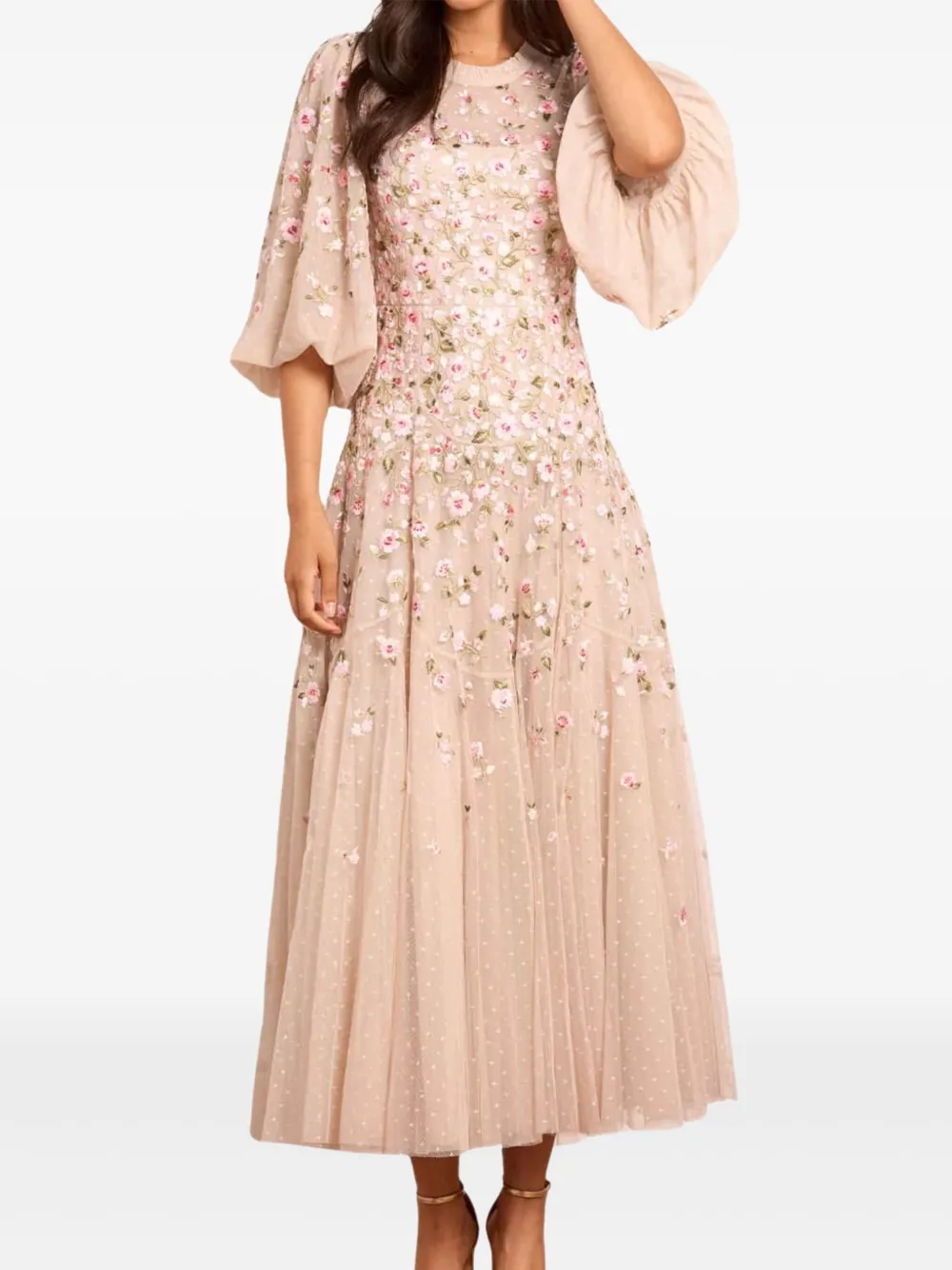 Needle & Thread Sylvia Rose round-neck midi dress - Beige