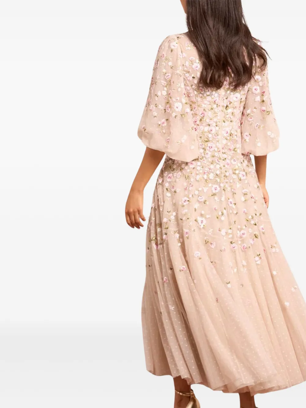 Needle & Thread Sylvia Rose midi-jurk met ronde hals Beige