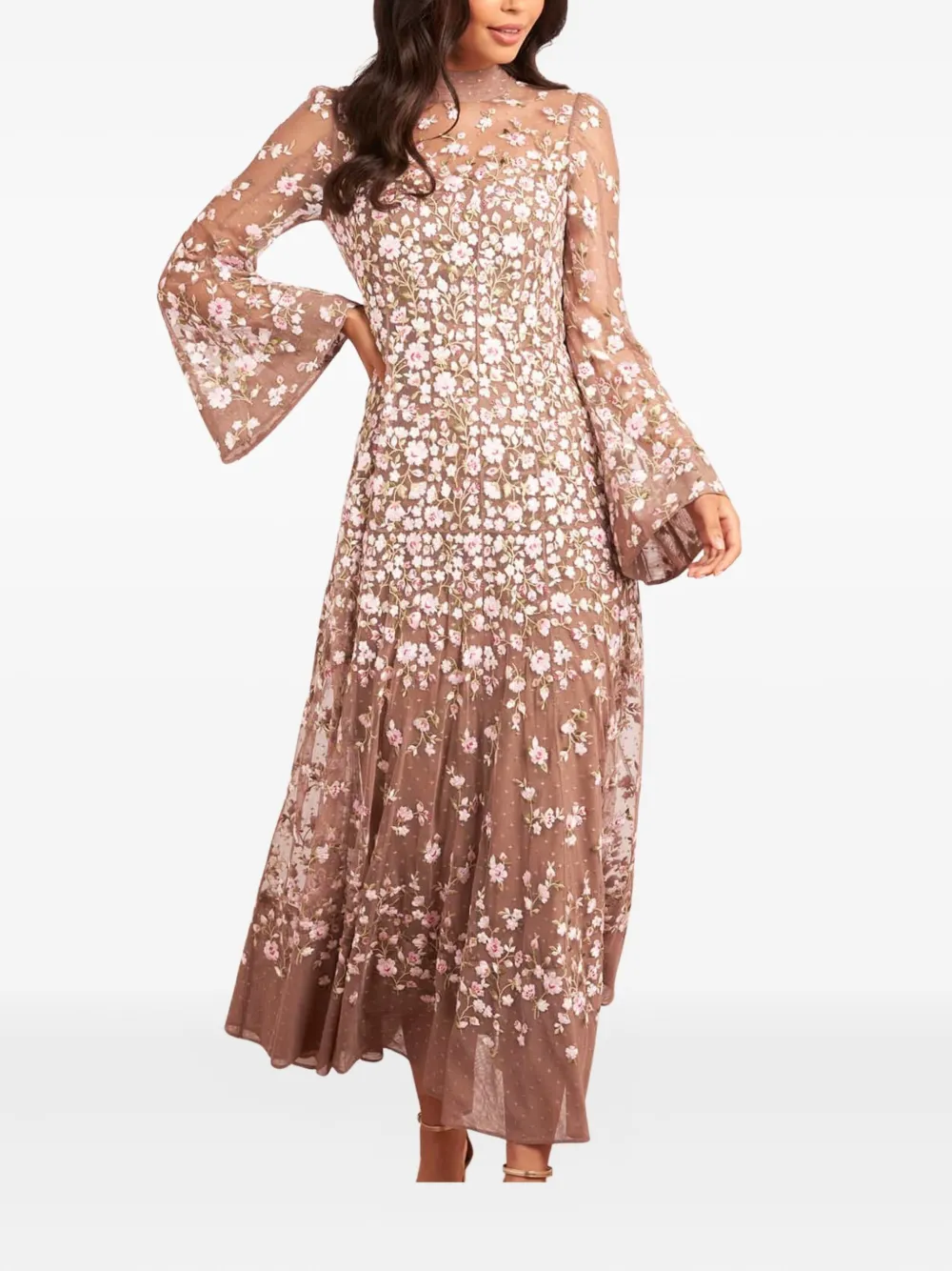 Needle & Thread Sylvia Rose Long-sleeves Midi Dress In Neutral