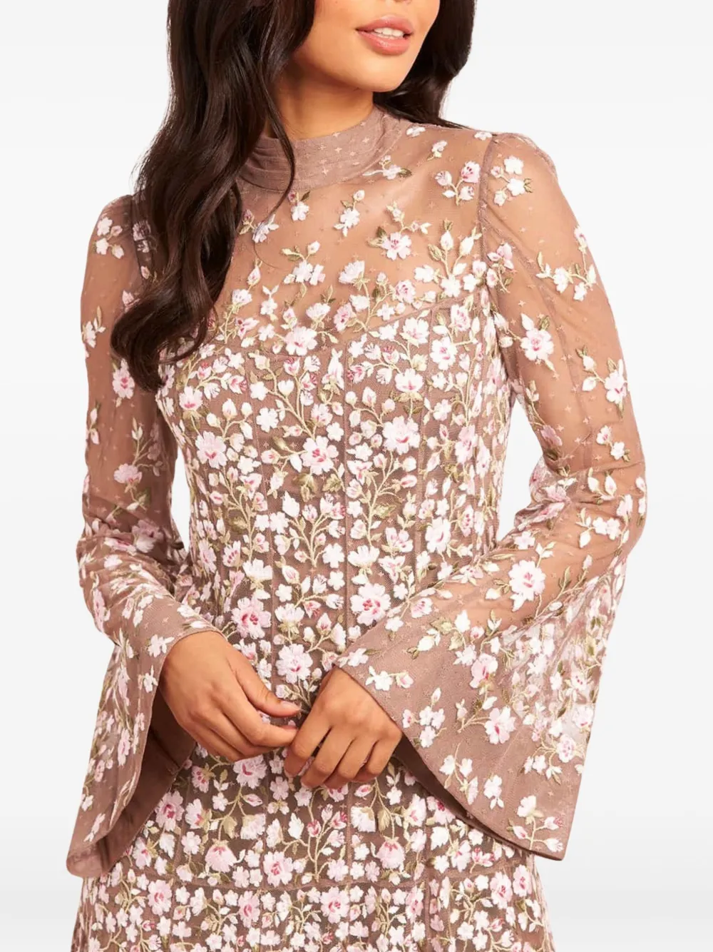 Needle & Thread Sylvia Rose Long-sleeves Midi Dress In Neutral