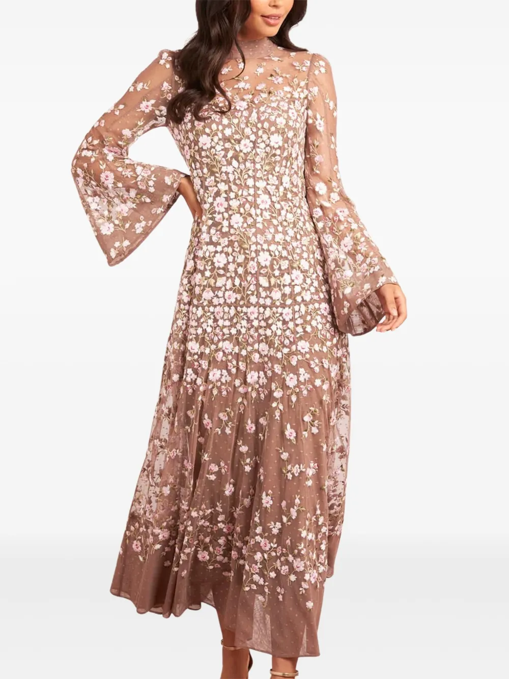 Needle & Thread Sylvia Rose long-sleeves midi dress - Beige