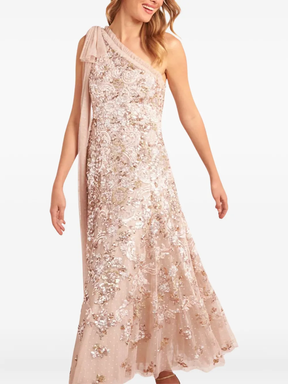 Needle & Thread One-shoulder Bow-detail Midi Dress In Neutral