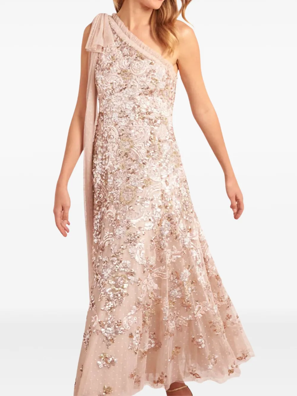 Needle & Thread one-shoulder bow-detail midi dress - Beige